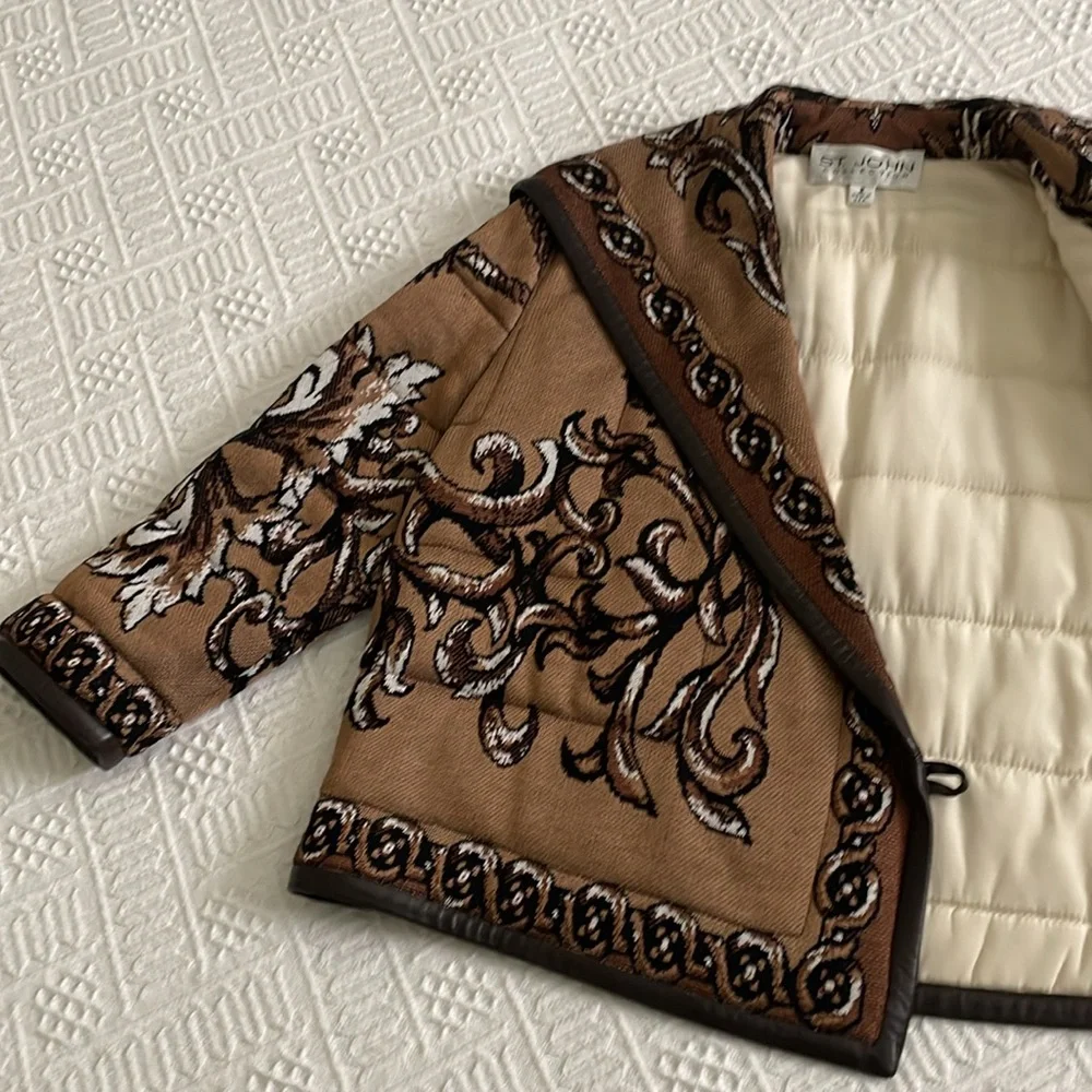 St. John Brown jacket Blazer with Intricate Pattern and Black Trim